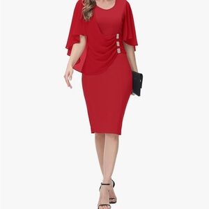 Red Cape-Sleeve Ruched Sheath Dress